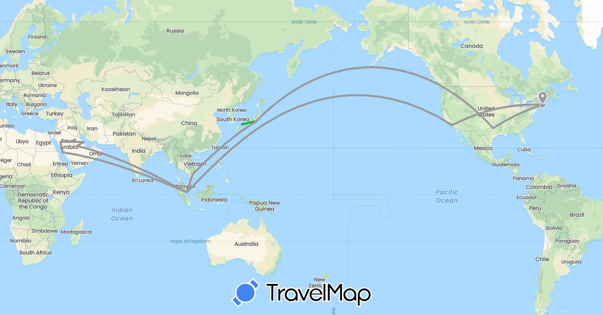 TravelMap itinerary: driving, bus, plane in Japan, Saudi Arabia, Singapore, United States, Vietnam (Asia, North America)